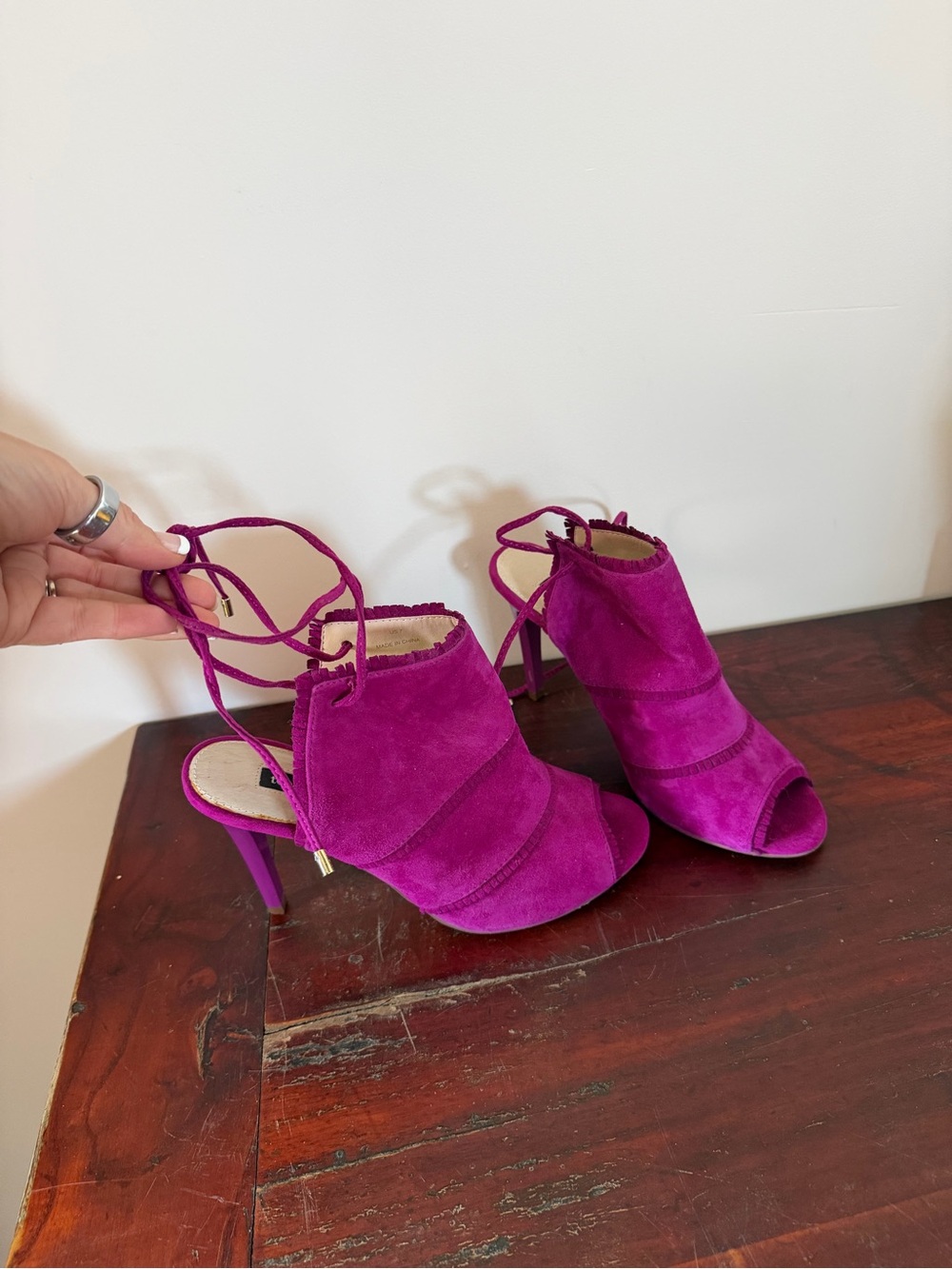 Town Shoes in Purple/Pink Suede Lace-Up Peep Toe Heels Size 7